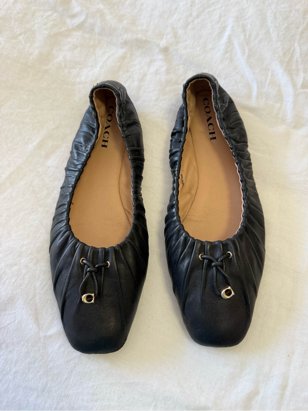 Coach | Women’s SZ 10 | Black Leather Eleanor Ruched Ballet Flats Shoes